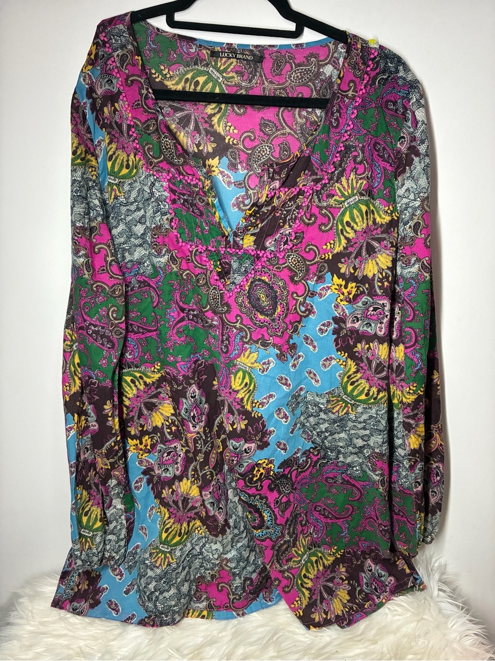 Lucky Brand V-Neck Paisley Blouse in Pink, Green, Blue, Yellow